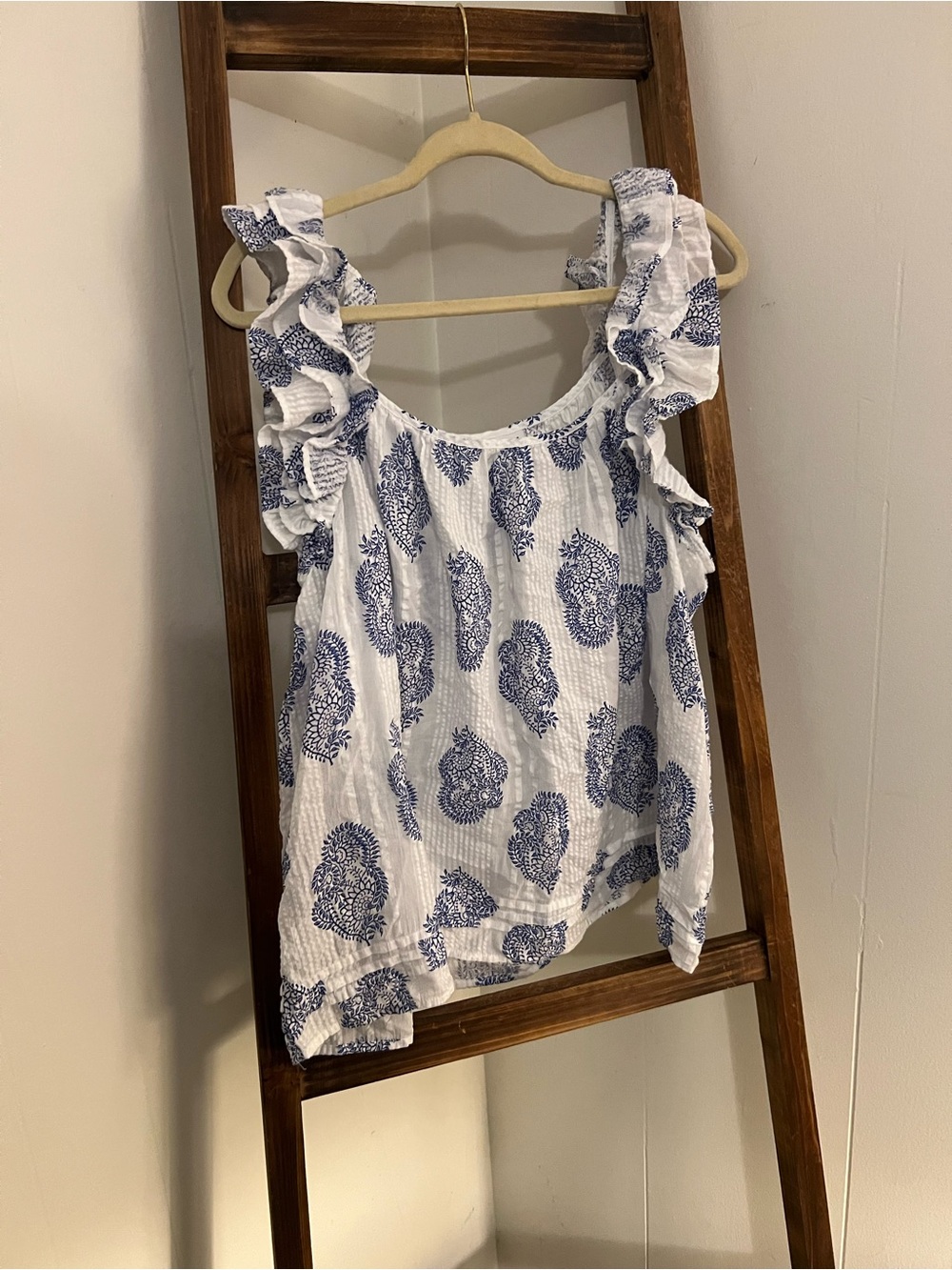 Wonderly White and Blue Paisley Ruffle-Strap Camisole